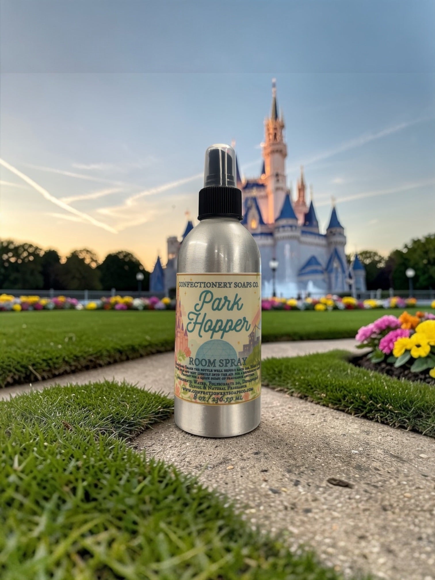 Bottle of 'Park Hopper' room spray in front of a castle with colorful flowers in the background