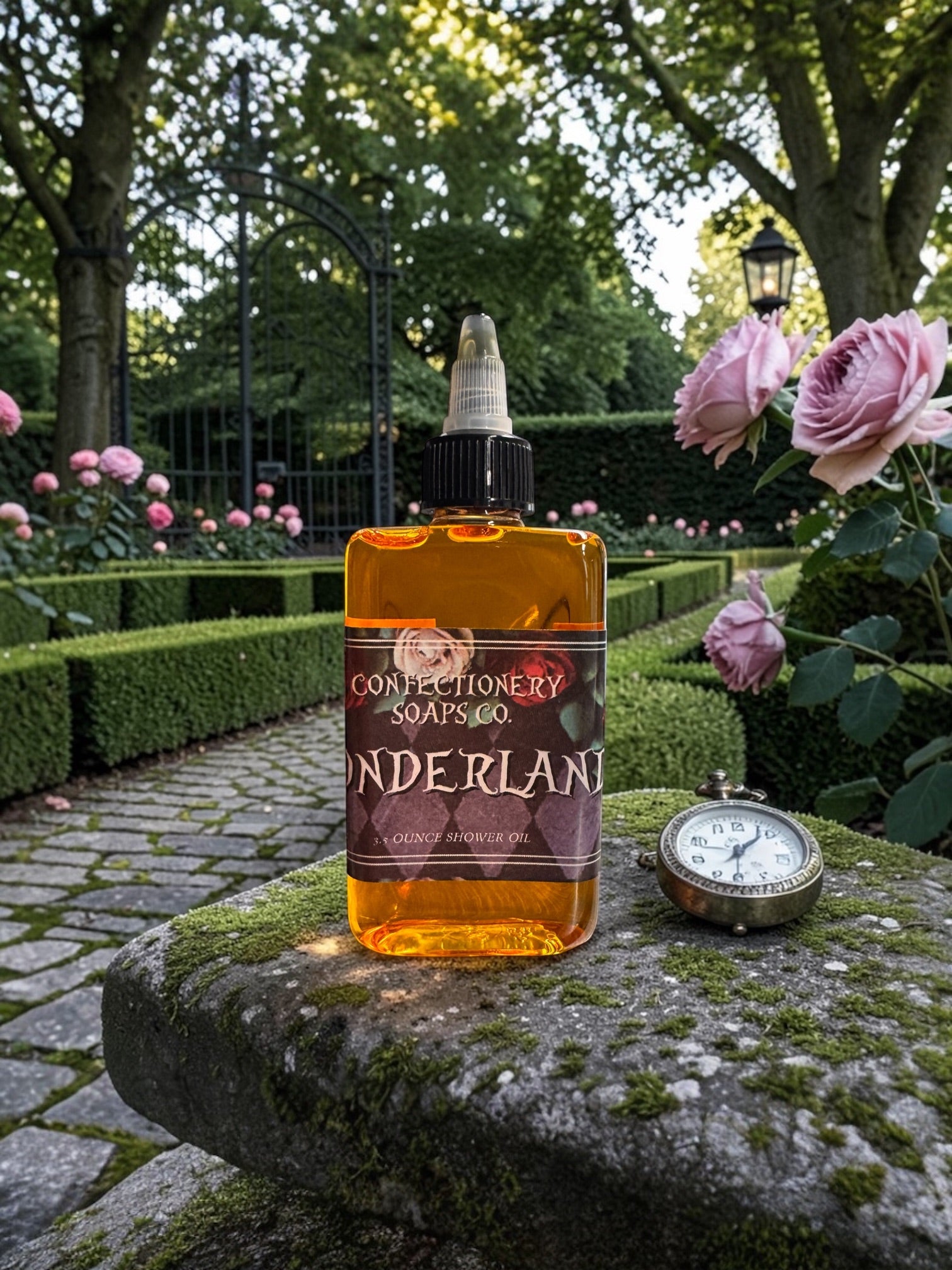 Bottle of Confectionery Soaps Co. Wonderland soap on a stone surface with flowers and a clock in the background.