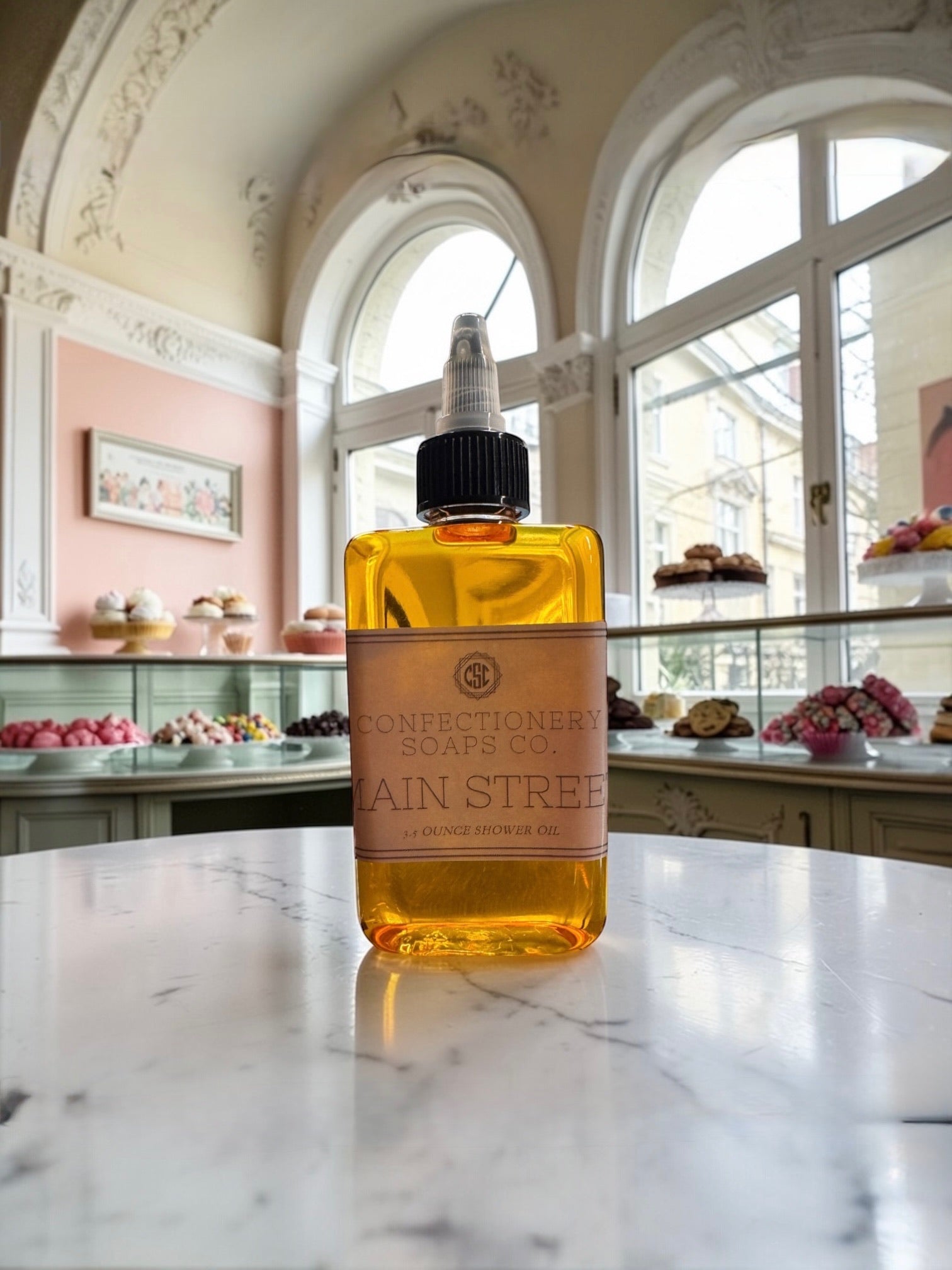 Bottle of Confectionery Soaps Co. soap on a marble surface with a decorative interior background.