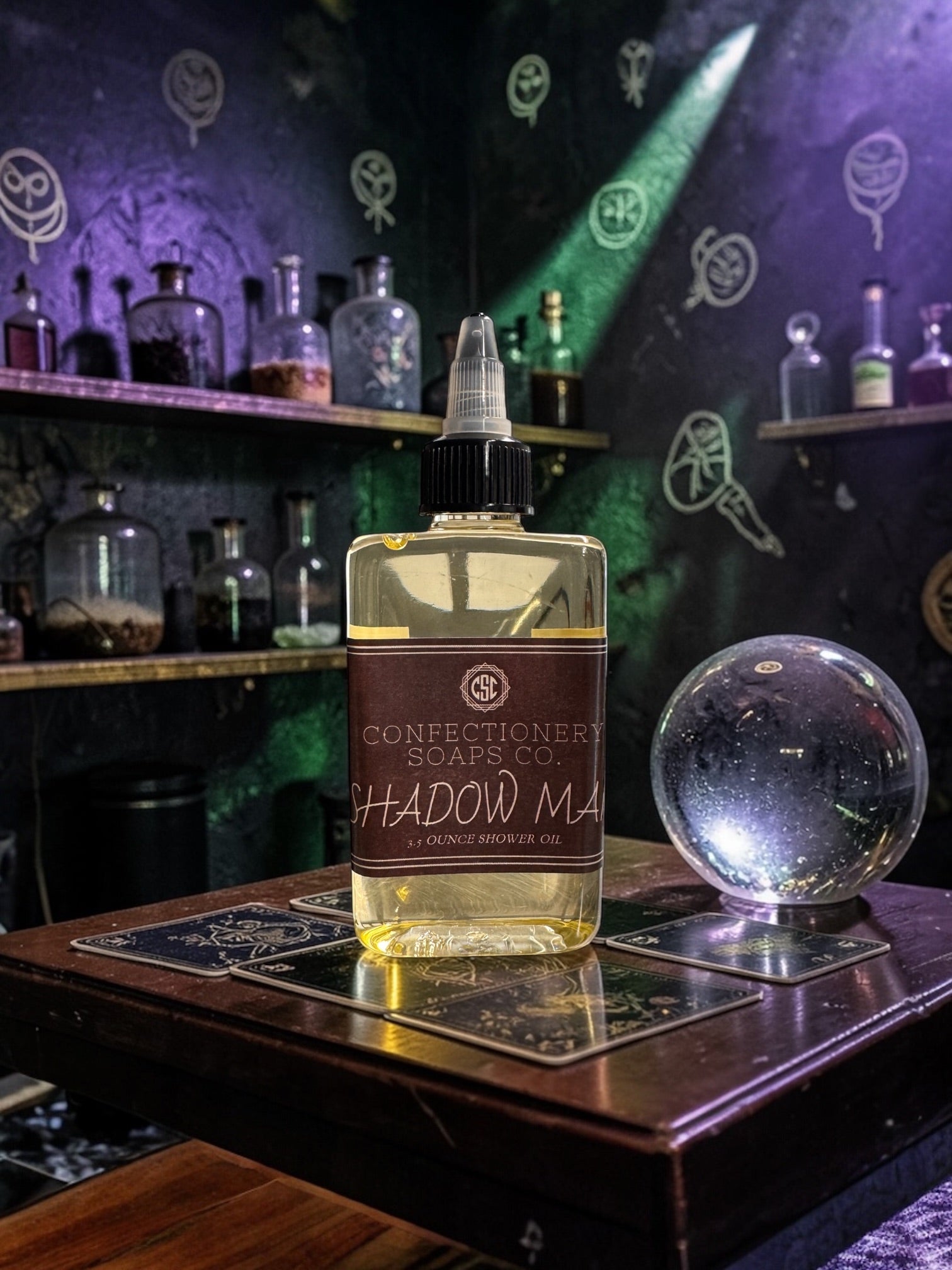 Bottle of 'Shadow Man' soap on a bar counter with a mystical ambiance