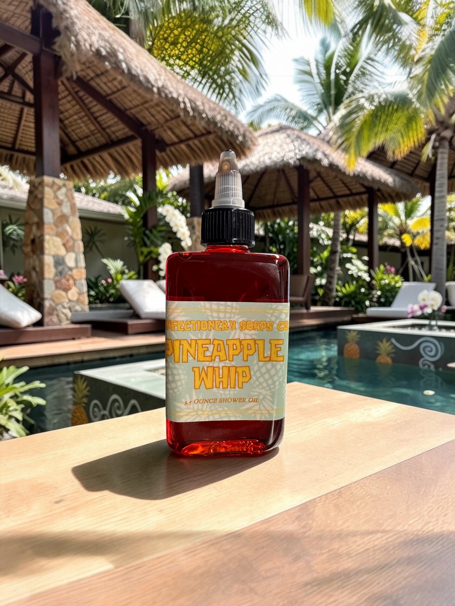 Bottle of pineapple whip on a wooden surface with a pool and cabanas in the background