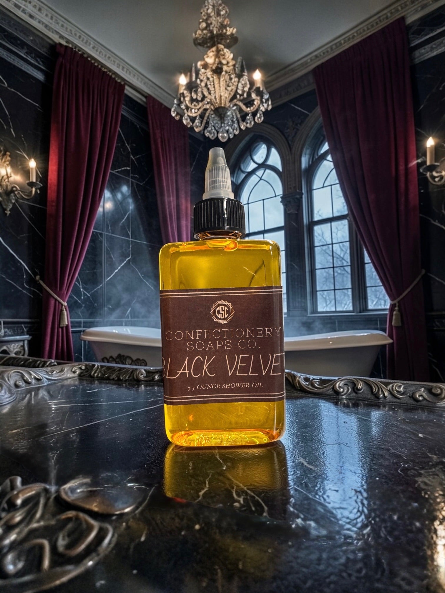 Bottle of 'Black Velvet' soap on a reflective surface with a gothic-style room in the background.