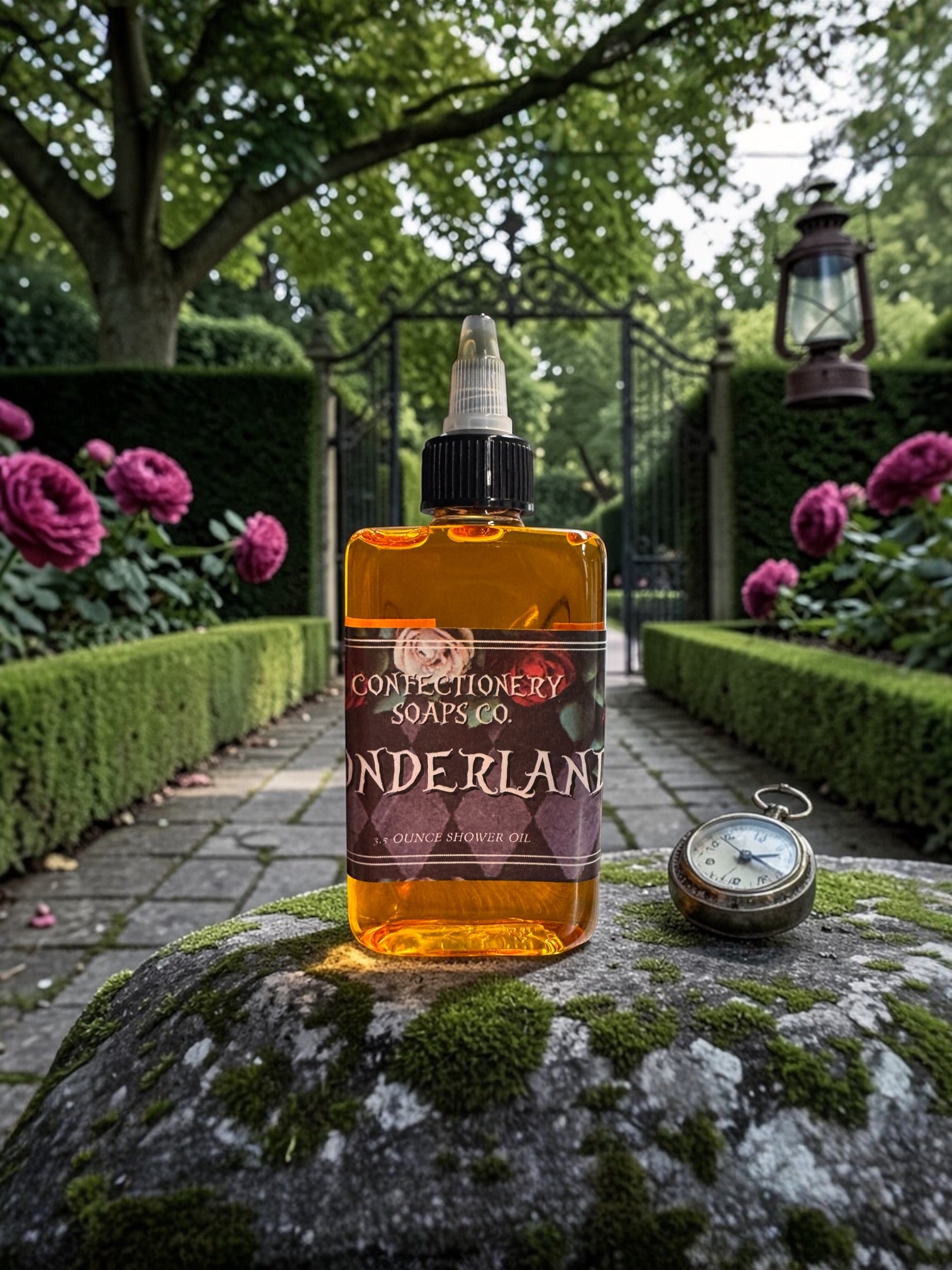 Bottle of Confectionery Soaps Co. wonderland soap on a stone surface with garden background