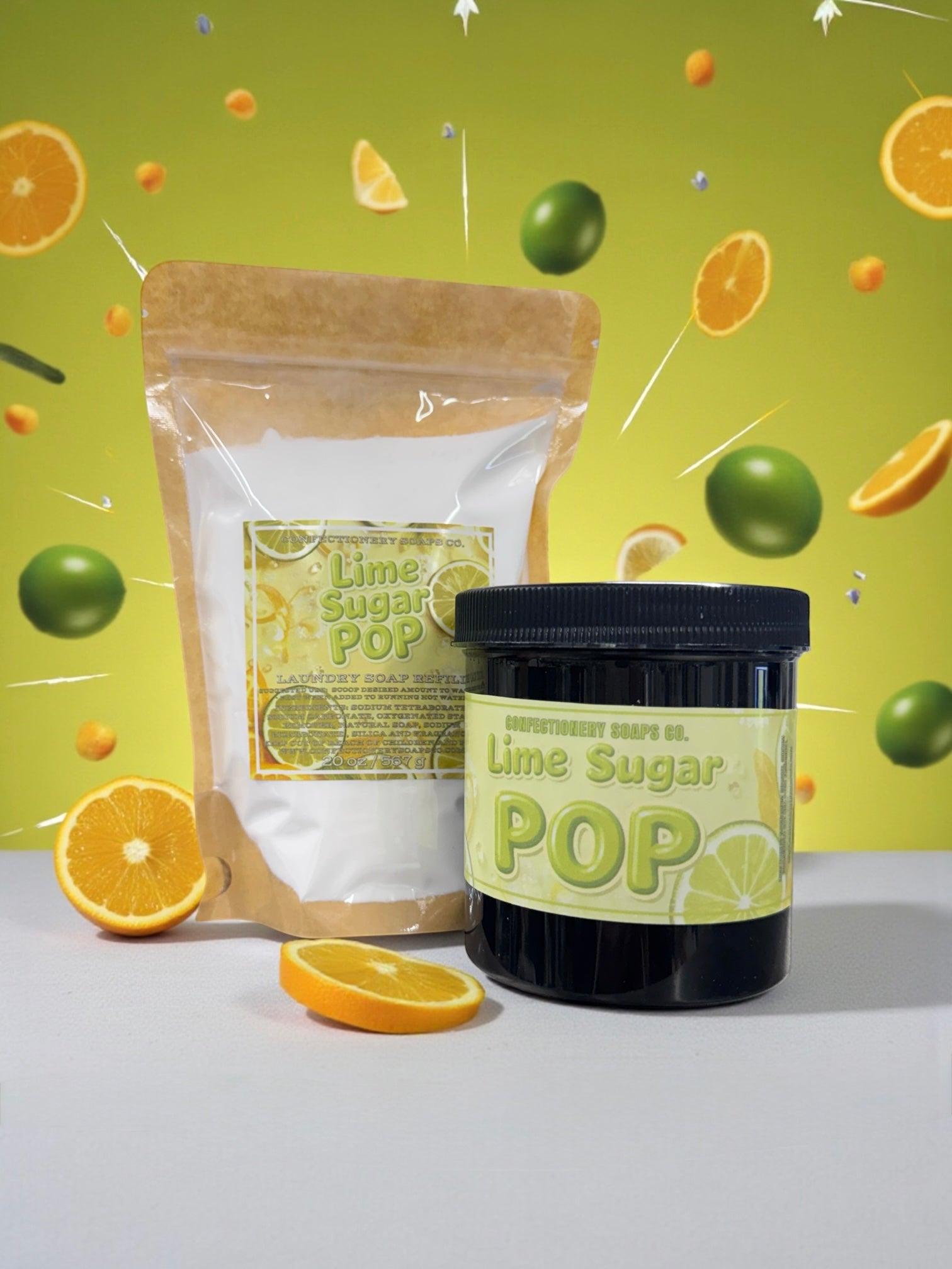 Lime Sugar Pop product with packaging and lime slices on a green background