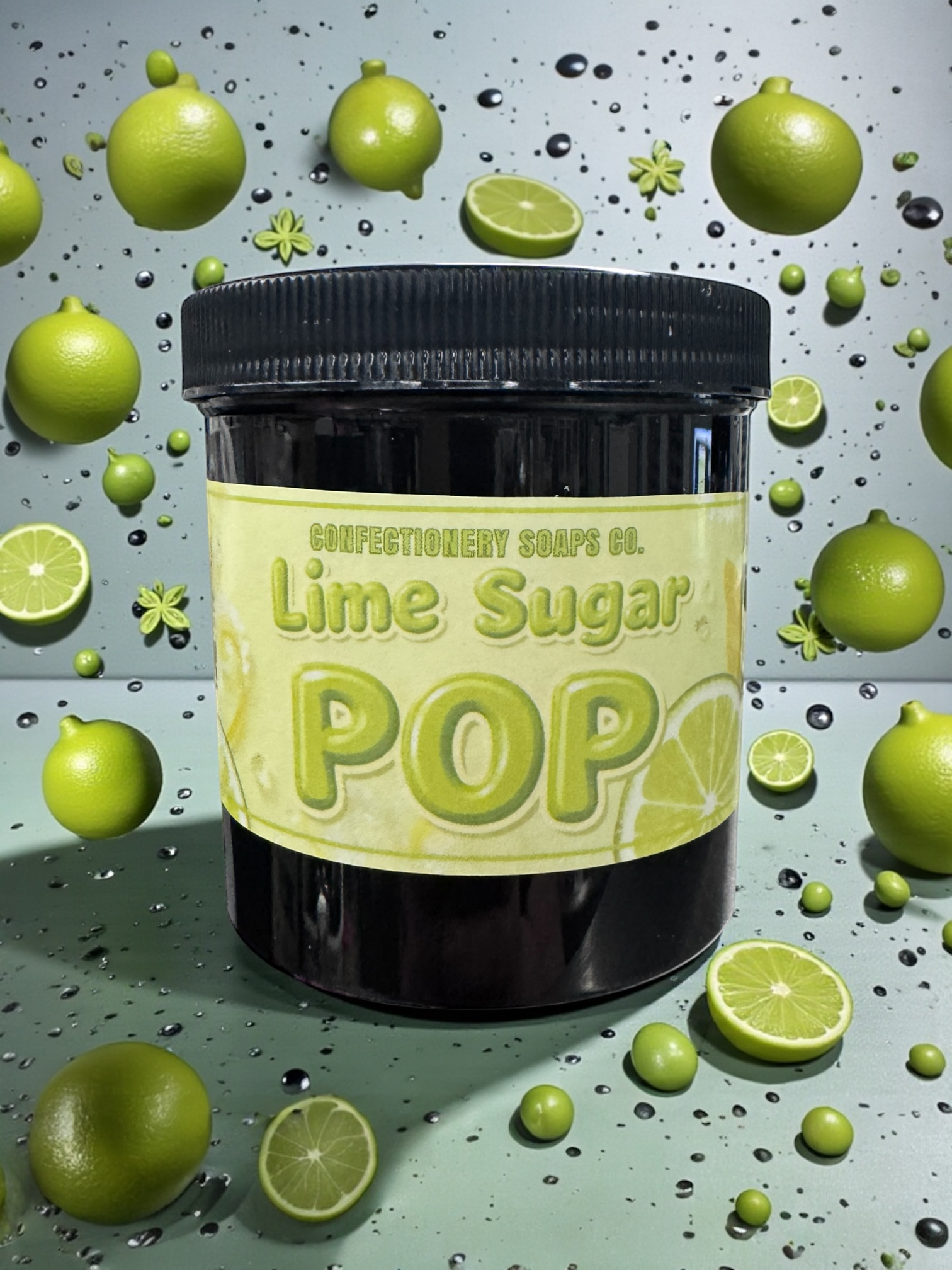 Jar of Lime Sugar Pop with lime graphics on a light green background