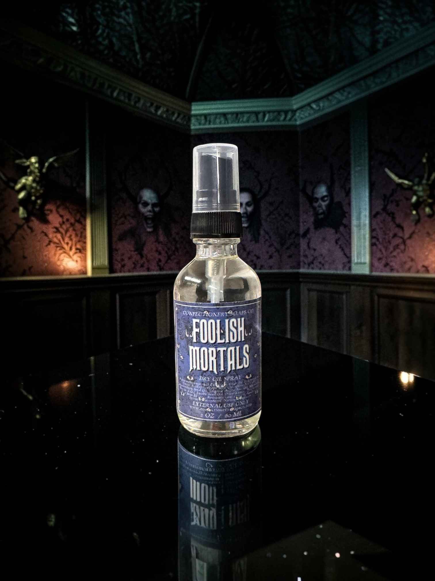 Bottle of 'Foolish Mortals' on a dark surface with a dark, possibly gothic, background.