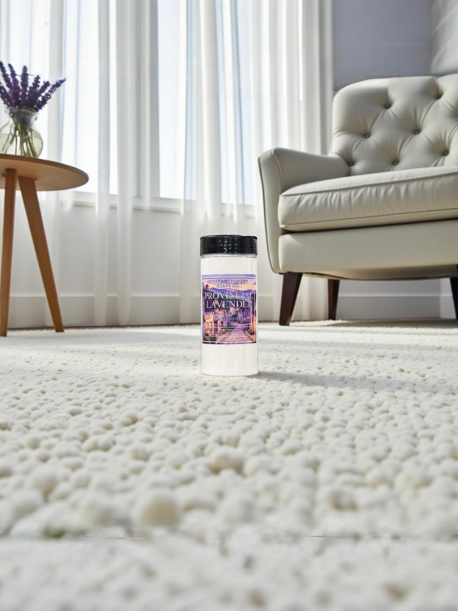 Candle with lavender scent on a carpeted floor in a living room setting