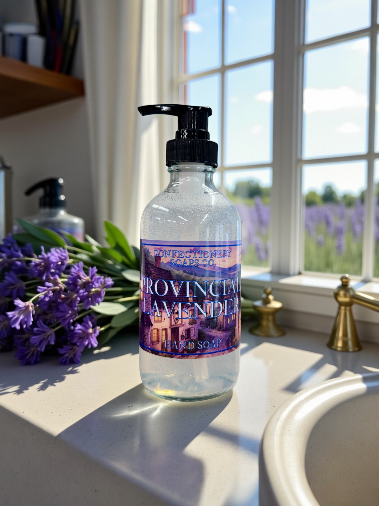Bottle of Provençal Lavender soap on a windowsill with lavender flowers.