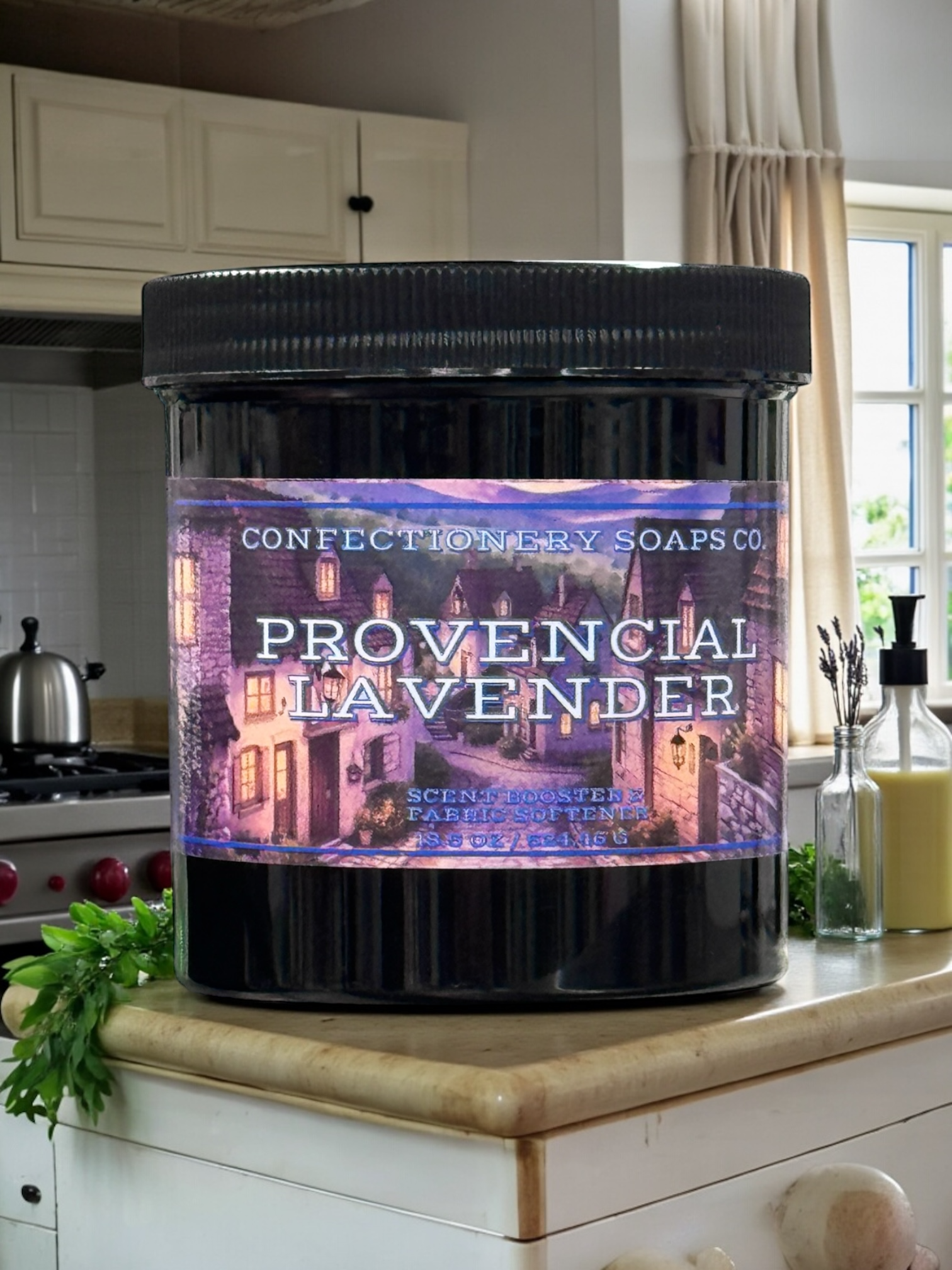 Jar of 'Provençal Lavender' soap on a kitchen counter