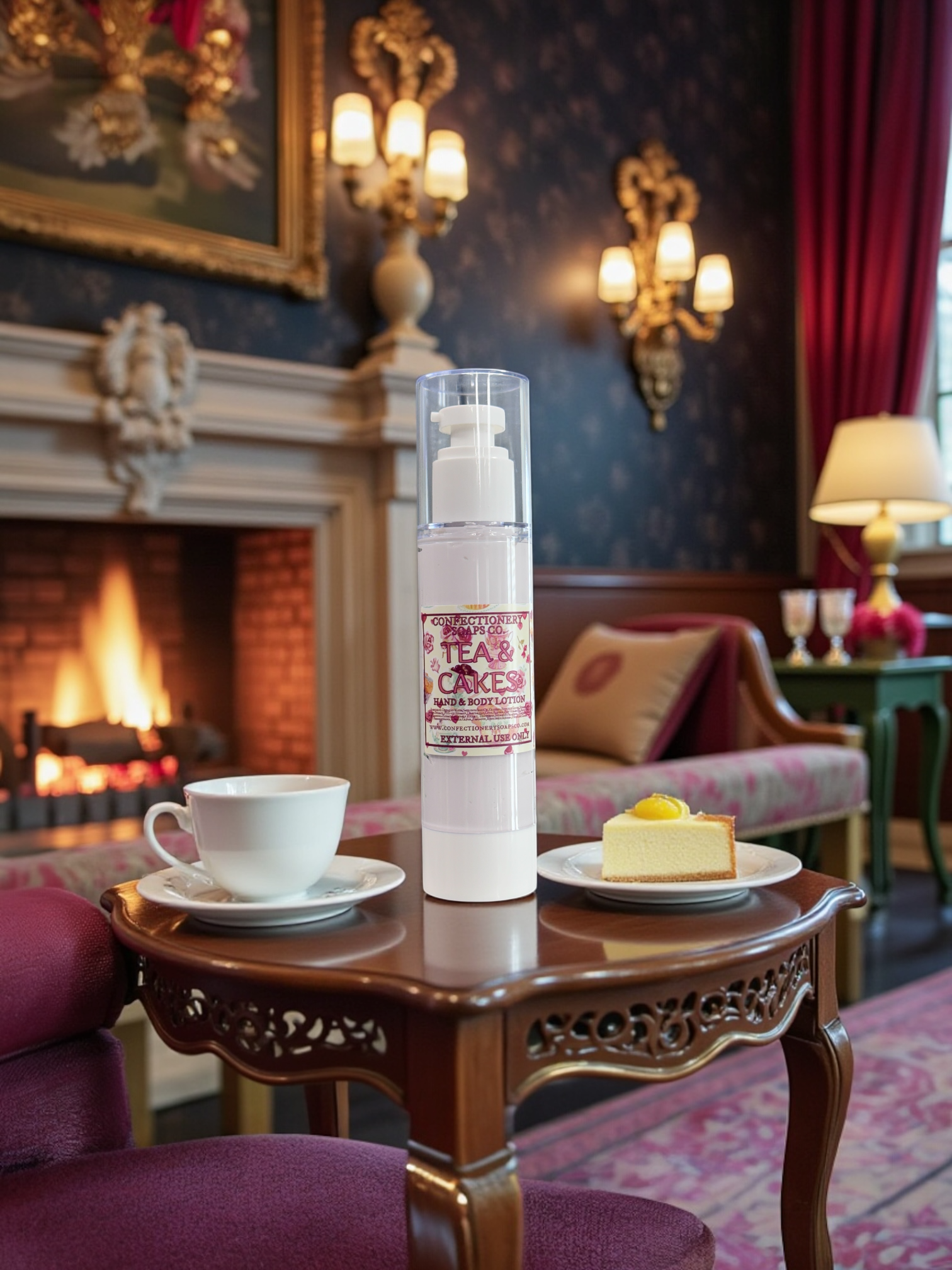 Tea and Cake product on a table with a fireplace and decorative wall in the background