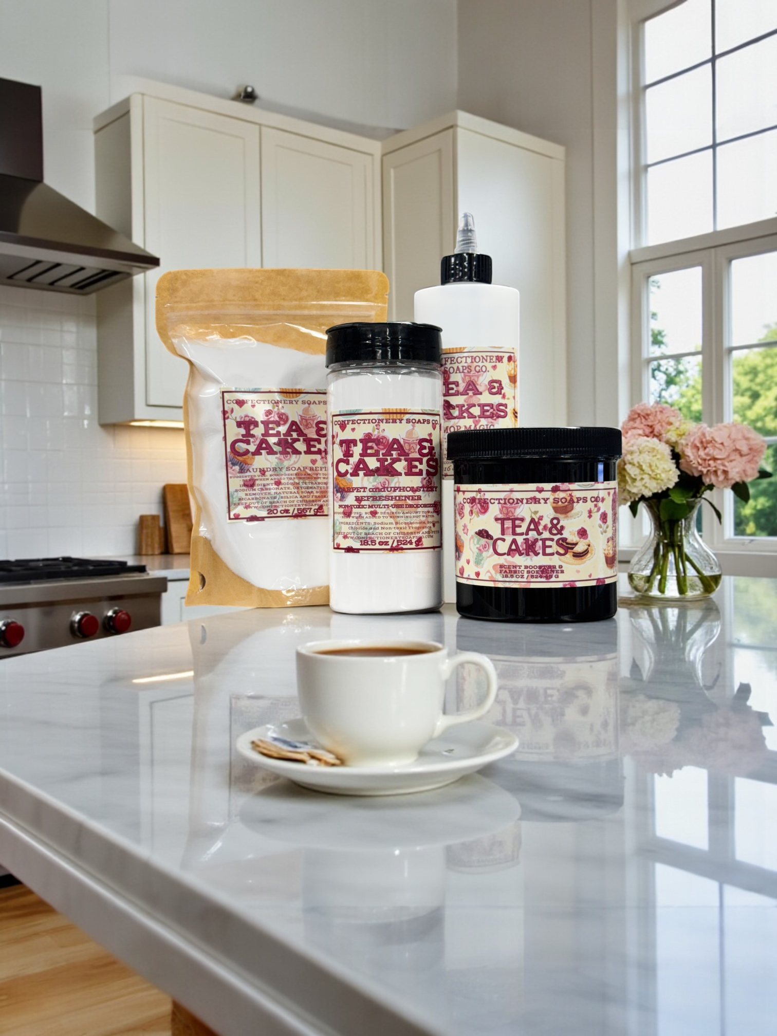 Tea and cakes products on a kitchen counter with a cup of coffee.